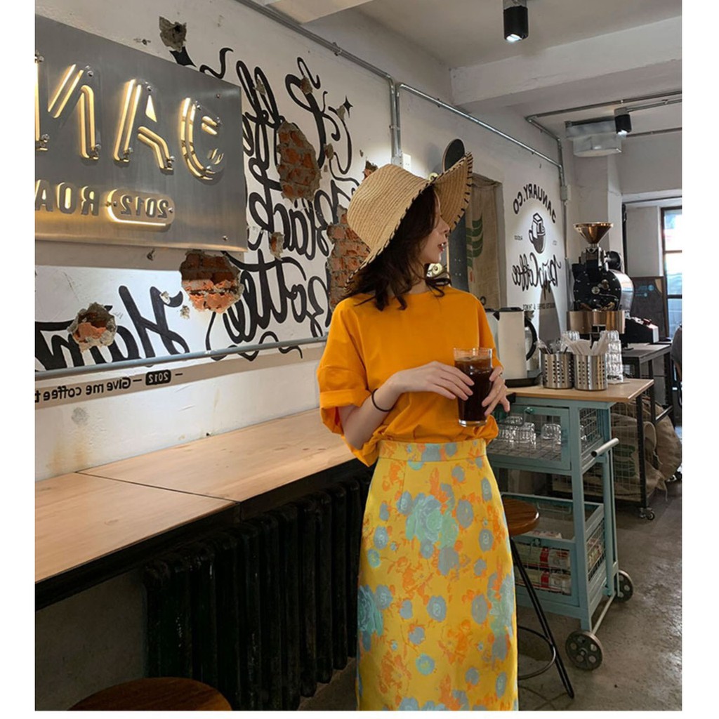 Set Áo Phông Cam Mix Chân Váy Hoa Chữ A Dáng Dài Siêu Hót | BigBuy360 - bigbuy360.vn