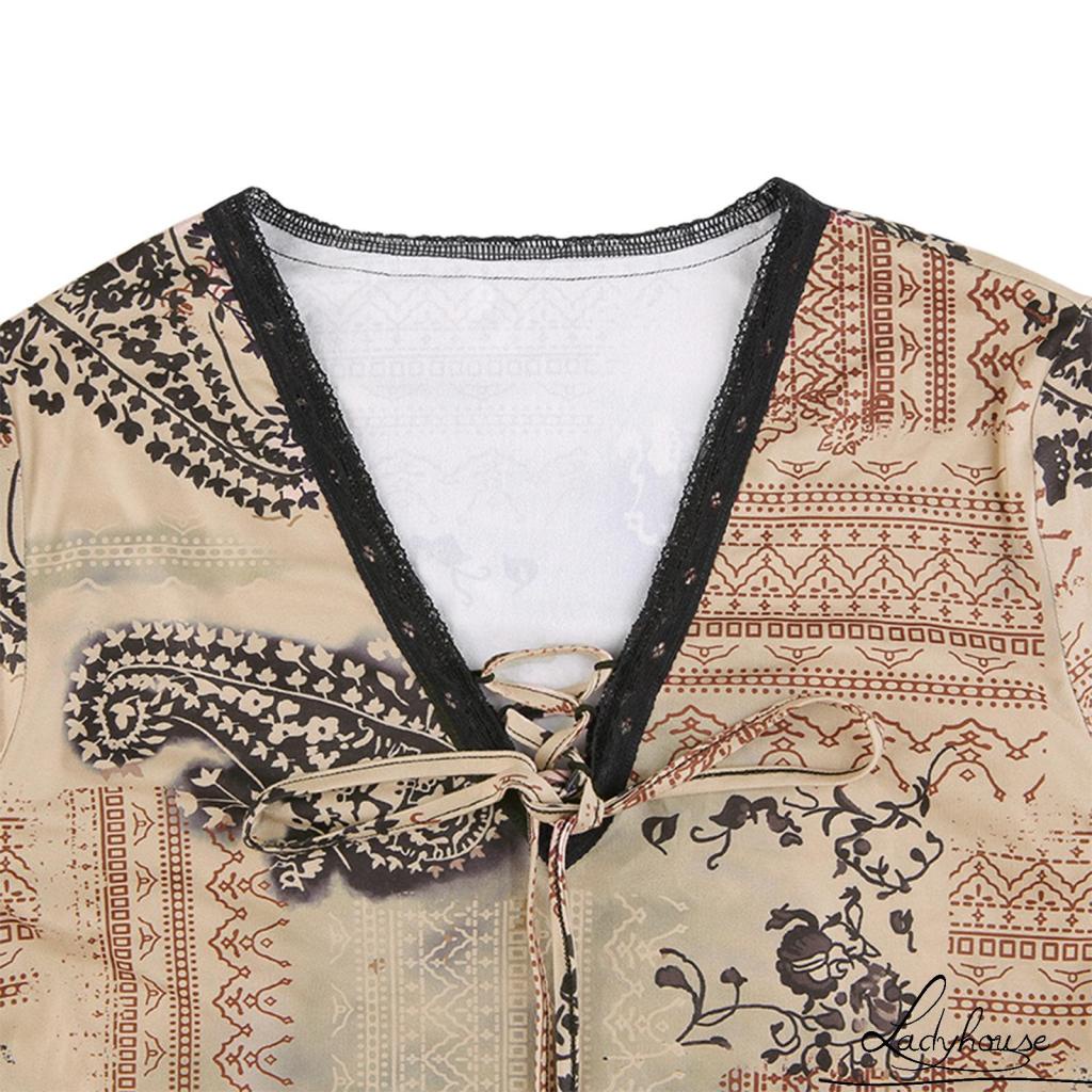 Áo thun tay dài cổ chữ V hở rốn in họa tiết trừu tượng cổ điển dành cho nữ