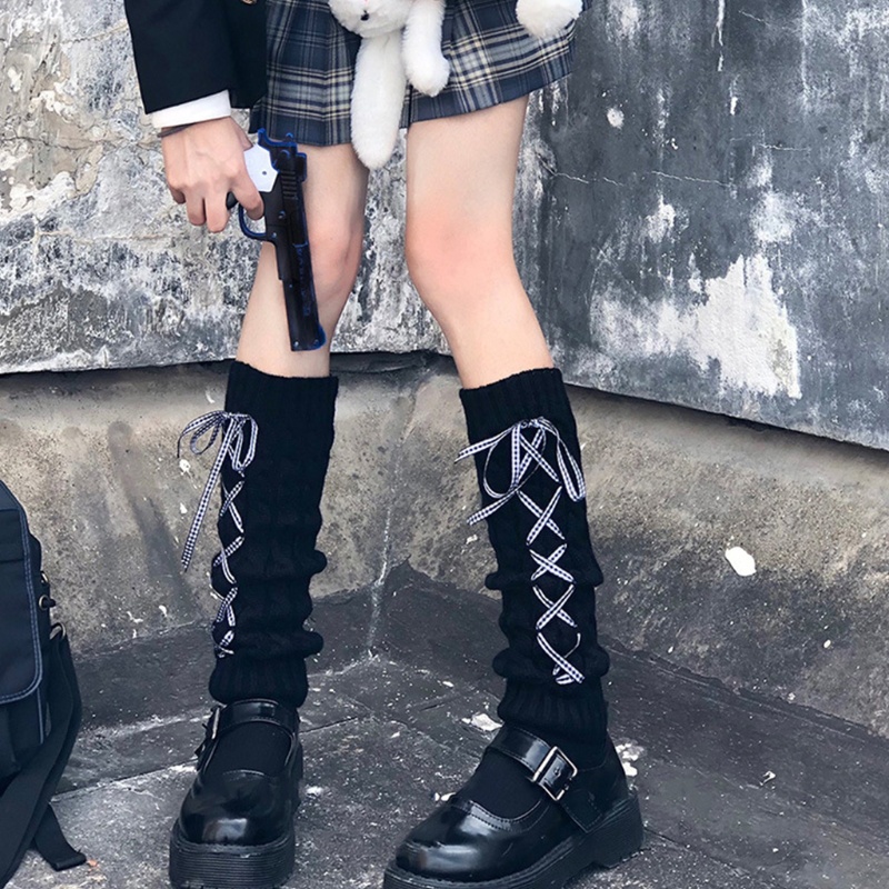 Vớ Dệt Kim Giữ Ấm Bắp Chân Sọc Caro Phối Ruy Băng Phong Cách Lolita Nhật Bản Cho Nữ