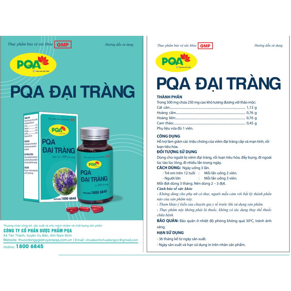 PQA Đại Tràng: viêm đại tràng, rối loạn tiêu hóa- hộp 100 viên