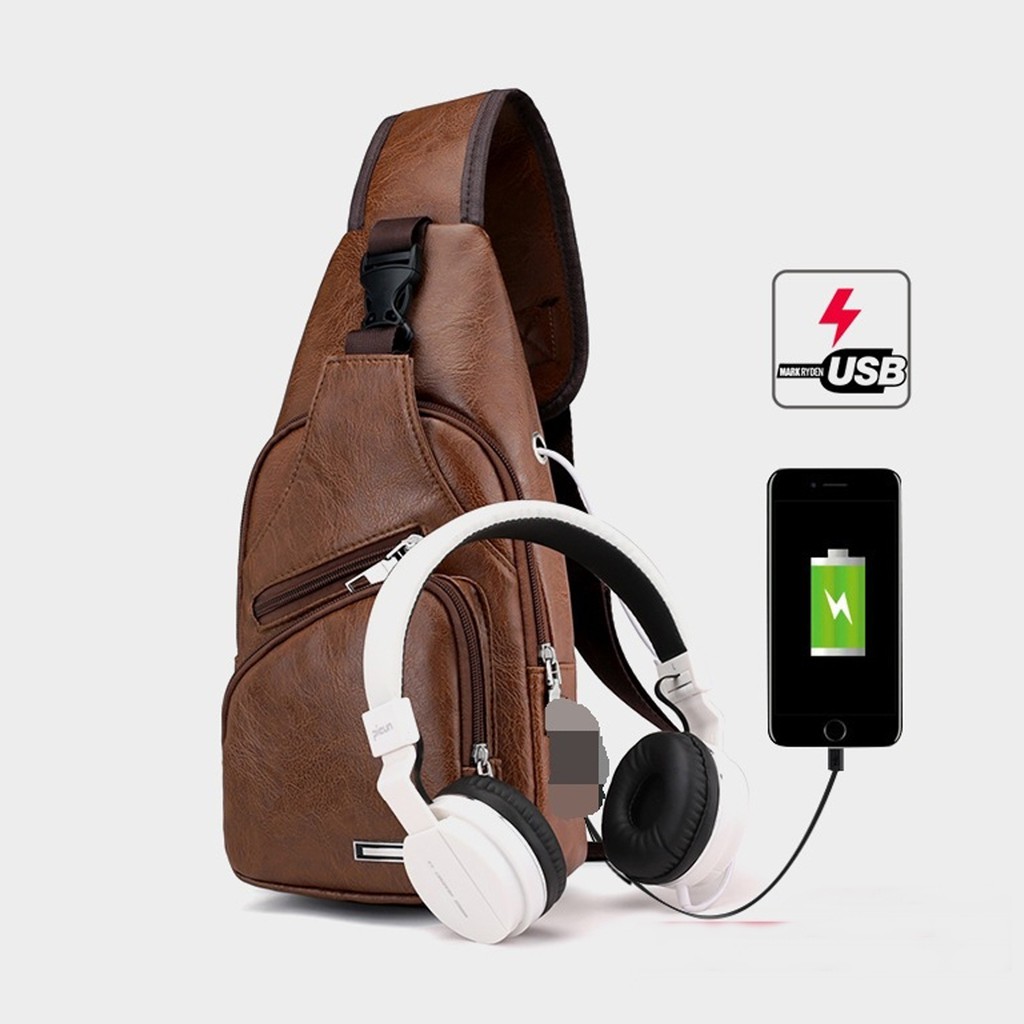 Túi da đeo chéo nam kèm dây cáp USB