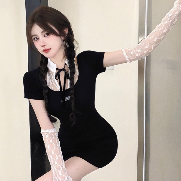 Đầm Ôm Dáng Tay Ngắn Co Giãn Phối Ren Thời Trang Mùa Hè Hàn Quốc Mới