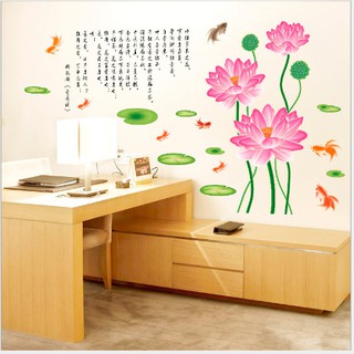 Decal trang trí hoa sen thư pháp