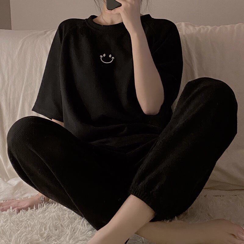 Bộ icon mặt cười, hình thêu, quần bo gấu, áo thun tay lỡ chất bo tăm