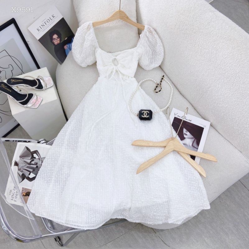 Đầm maxi xanh ren nổi cổ U cut lưng rút dây MS179 đi biển nhứt nách