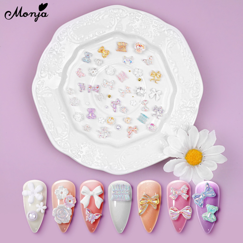 MONJA Phụ Kiện Trang Trí Móng Tay Nghệ Thuật 3D Nhiều Màu Sắc Hình Nơ/Gấu/Hoa Trà/Hoa Trà Lấp Lánh Xinh Xắn