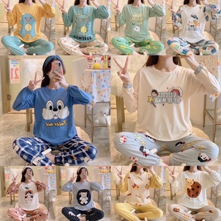 [B2] Đồ ngủ thun Quảng Châu, đồ bộ tay dài quần dài mặc ở nhà, pijama dễ thương thu đông