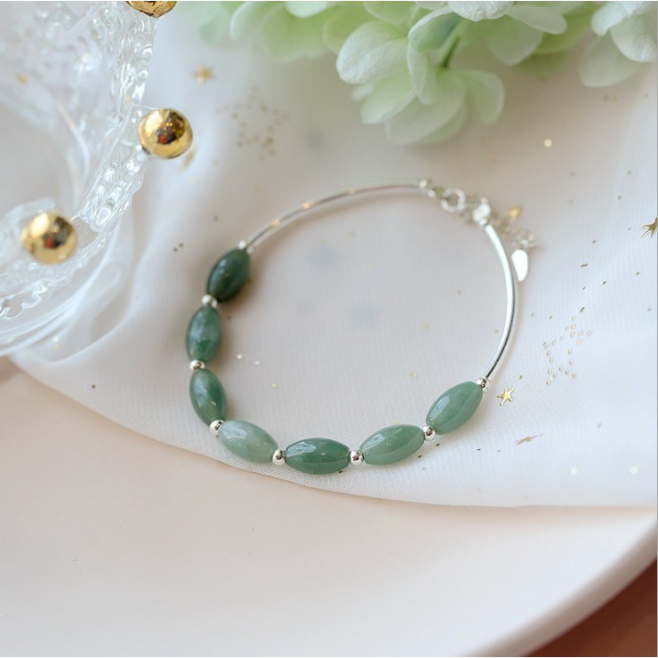 Vòng tay nữ phối đá xanh ngọc jade miến điện cho nữ dáng vòng kiềng bạc 925 LTT08 Silver Bracelet - Bảo ngọc jewelry