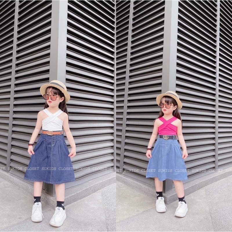 Set áo chéo cv jean dáng dài cho bé gái 14-38kg