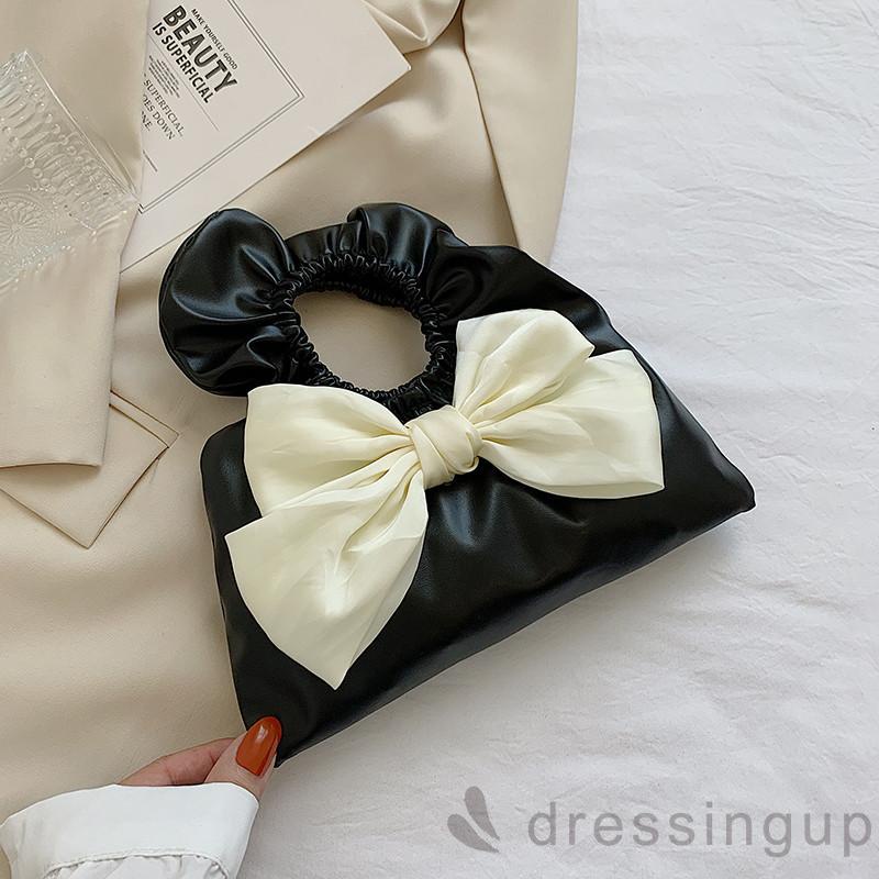 DRE-Women Elastic Rubber Band Handbag, Ruched Tote Bag with Bow Knot Decor, White/ Black