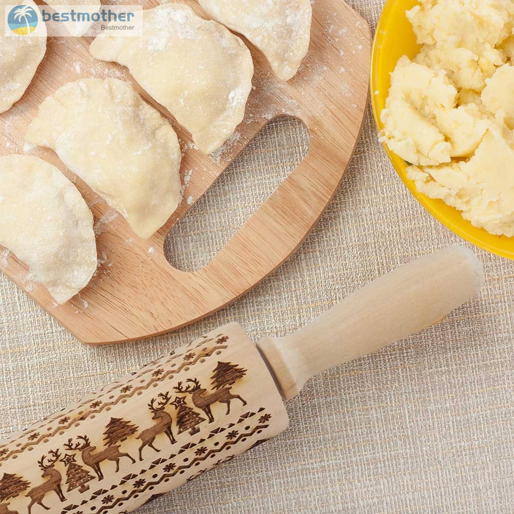 ✿BM✦ Christmas Rolling Pin Engraved Carved Wood Embossed Rolling Pin Kitchen Tool