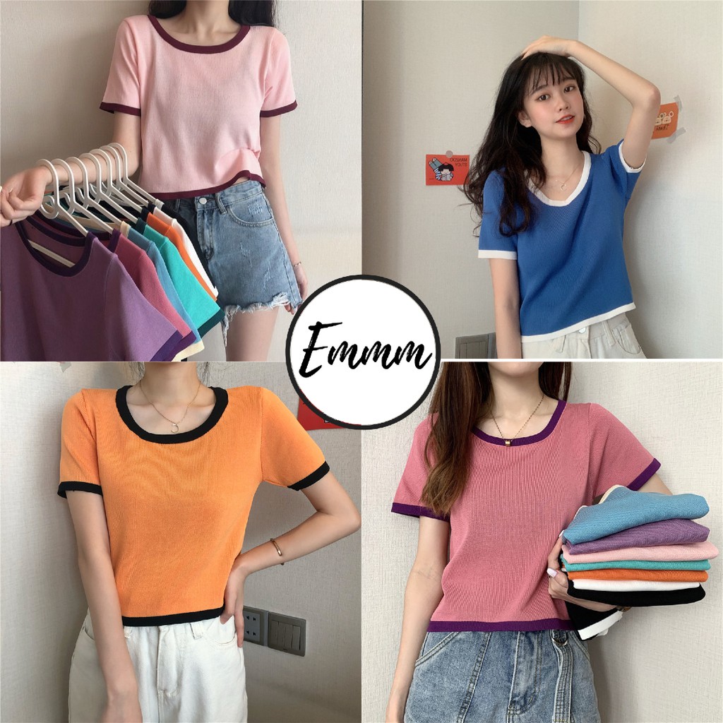 Áo croptop len viền tay ngắn freesize hàng Quảng Châu đơn giản trẻ trung cho nữ