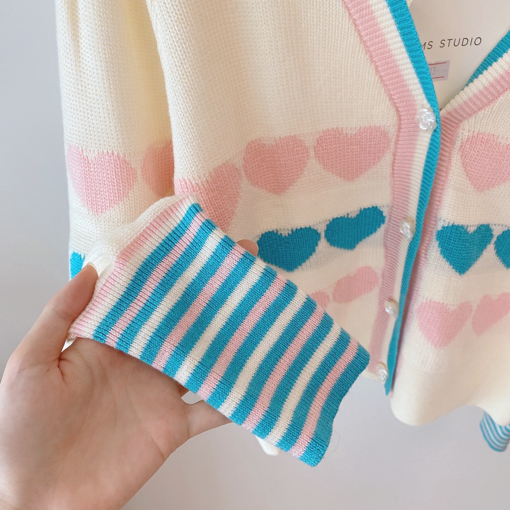 Áo Khoác Cardigan Dệt Kim Tay Dài In Hình Trái Tim Phong Cách Hàn Quốc Thời Trang