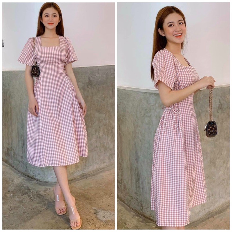 Đầm váy caro hồng đan dây eo
