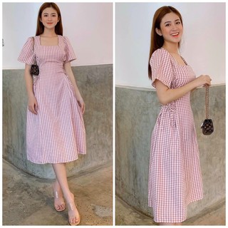 Đầm váy caro hồng đan dây eo