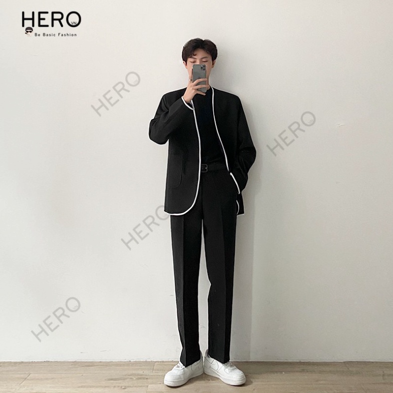 COMBO Set Blazer Nam Form Rộng Phối Viền Trắng quần âu tây Mrhero Ống Suông phong thái Công Sở, lịch lãm Set03 M.RO