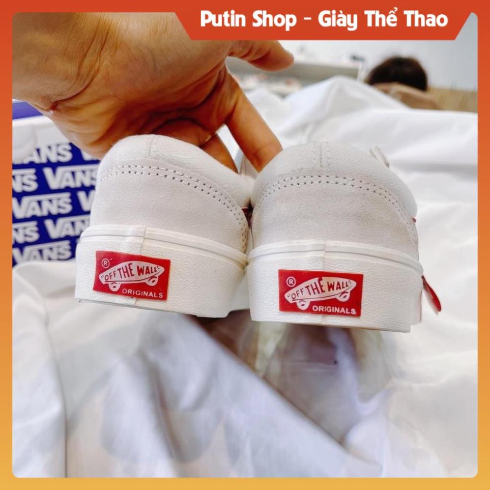 Giày Thể Thao Nam Nữ Van Trắng Da Lộn, Giầy Vans trắng sửa sọc đỏ tím than full bill box