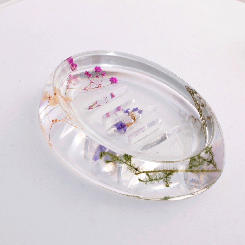 Khay xà bông xà phòng hình oval handmade hoạ tiết hoa khô resin epoxy trong suốt