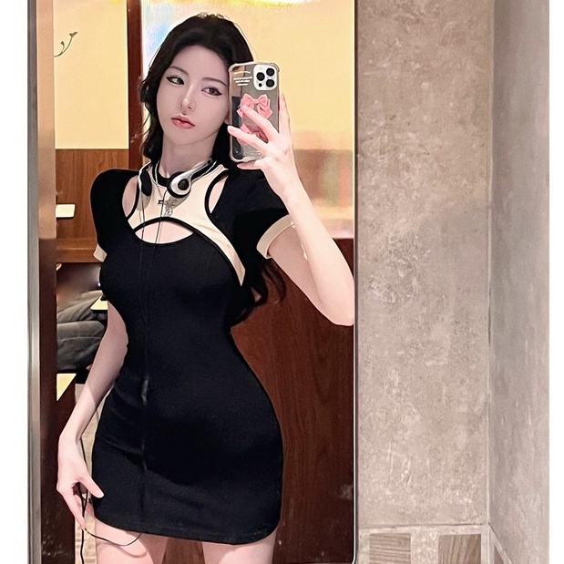 Đầm Đen Mùa Hè Ôm Dáng Tay Cộc Co Giãn Ghép Vải Gợi Cảm Phong Cách Hàn Quốc Cho Nữ