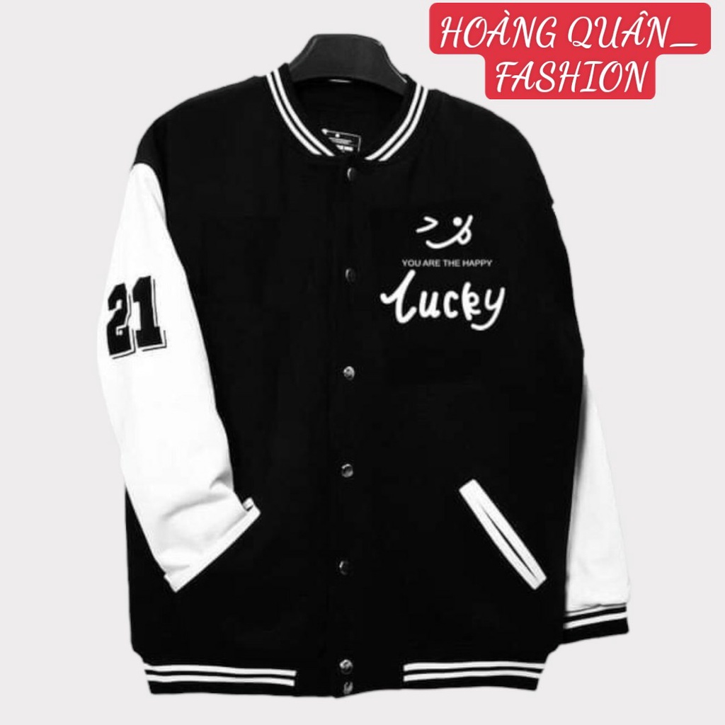 Aó Khoác Bomber Nam Nữ , Aó Khoác Nỉ Logo In Chữ Lucky Phối Số 21 Phong Cách Thời Trang Bóng Chày Hàn Được Nhiều Bạn Trẻ
