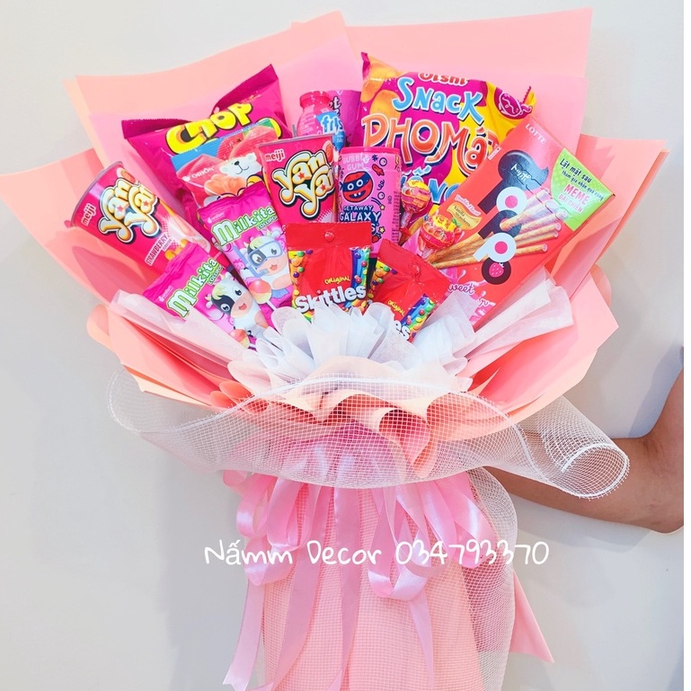 Bó hoa bánh kẹo ăn được tông màu theo yêu cầu siêu xinh hot trend, quà tặng độc đáo