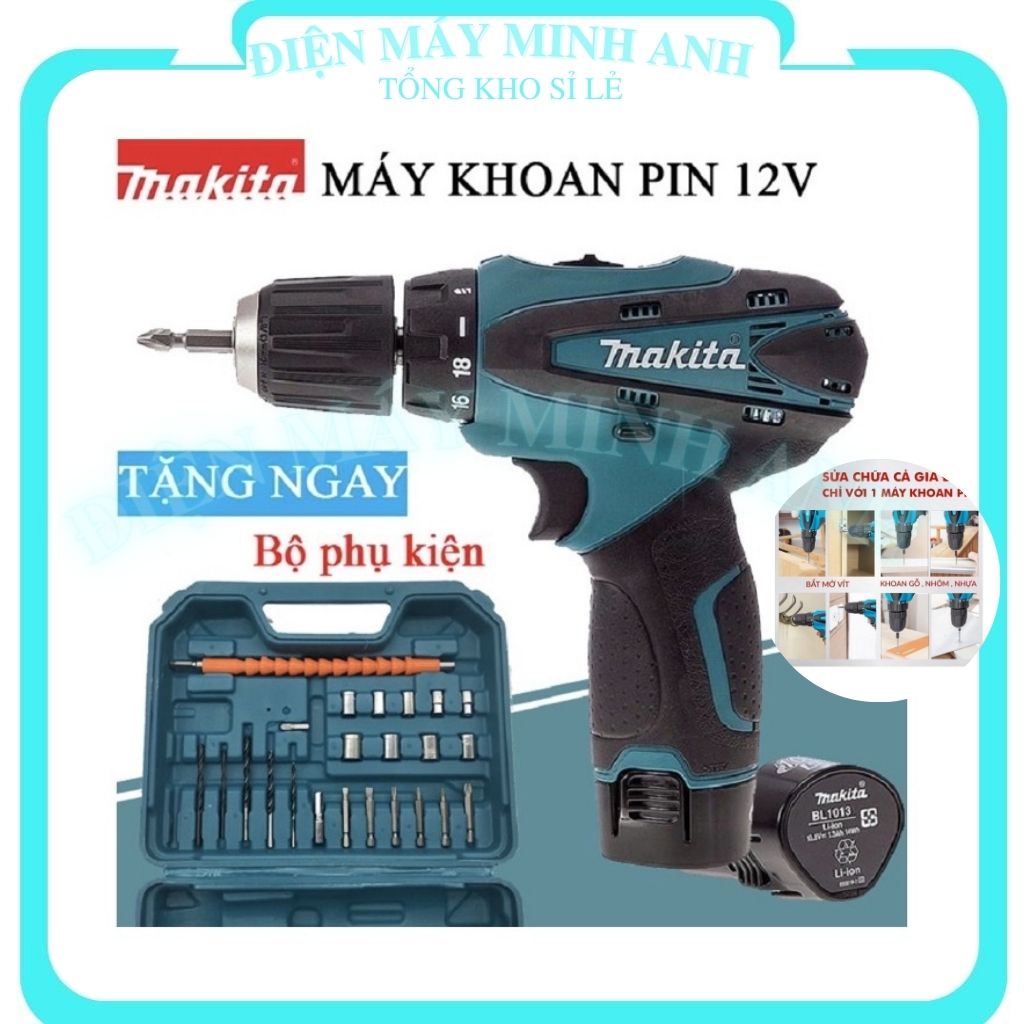 Máy khoan pin bắn vặn vít bê tông mini cầm tay chổi than Makita 12V chính hãng