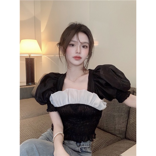 COZOK Áo sơ mi tay ngắn phồng màu đen thời trang mùa hè cho nữ