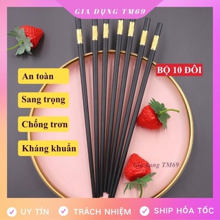 Bộ 10 Đôi Đũa Ăn Cơm Cao Cấp Phong Cách Nhật Nhựa Khảm Vàng Kháng Khuẩn Chống Mốc Trơn Trượt Chịu Nhiệt