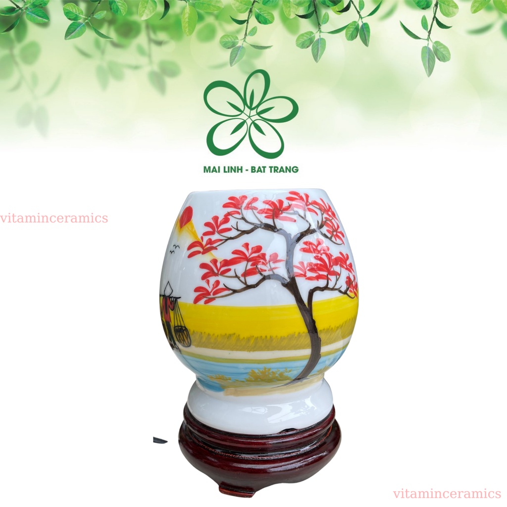 Đèn xông tinh dầu gốm bát tràng, tặng kèm bóng điện, hoa văn đẹp, đuổi muỗi, thơm phòng, Đế liền,vitaminceramics