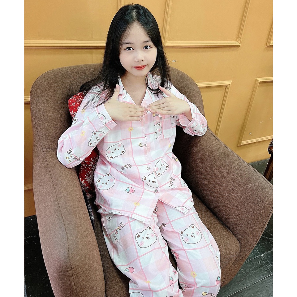 Đồ bộ Pijama bé gái áo dài quần dài màu hồng mèo kitty