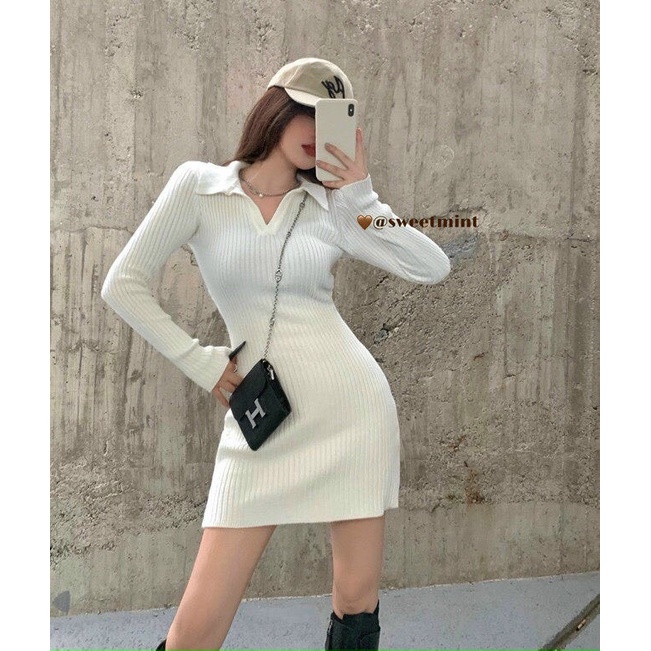 Đâm thun ôm cổ v dài tay 2 màu , váy body cổ polo chất thun gân cá tính, diện phố siêu xinh