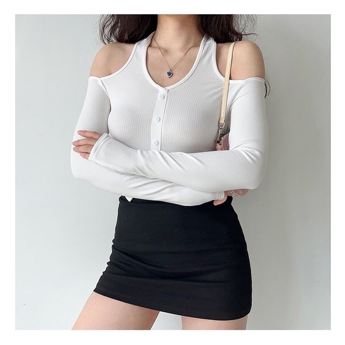 Áo Croptop Dài Tay MIMILA Áo Thun Cổ Yếm Khoét Vai Phối Cúc Sang Chảnh Thời Trang Cho Nữ - MA071