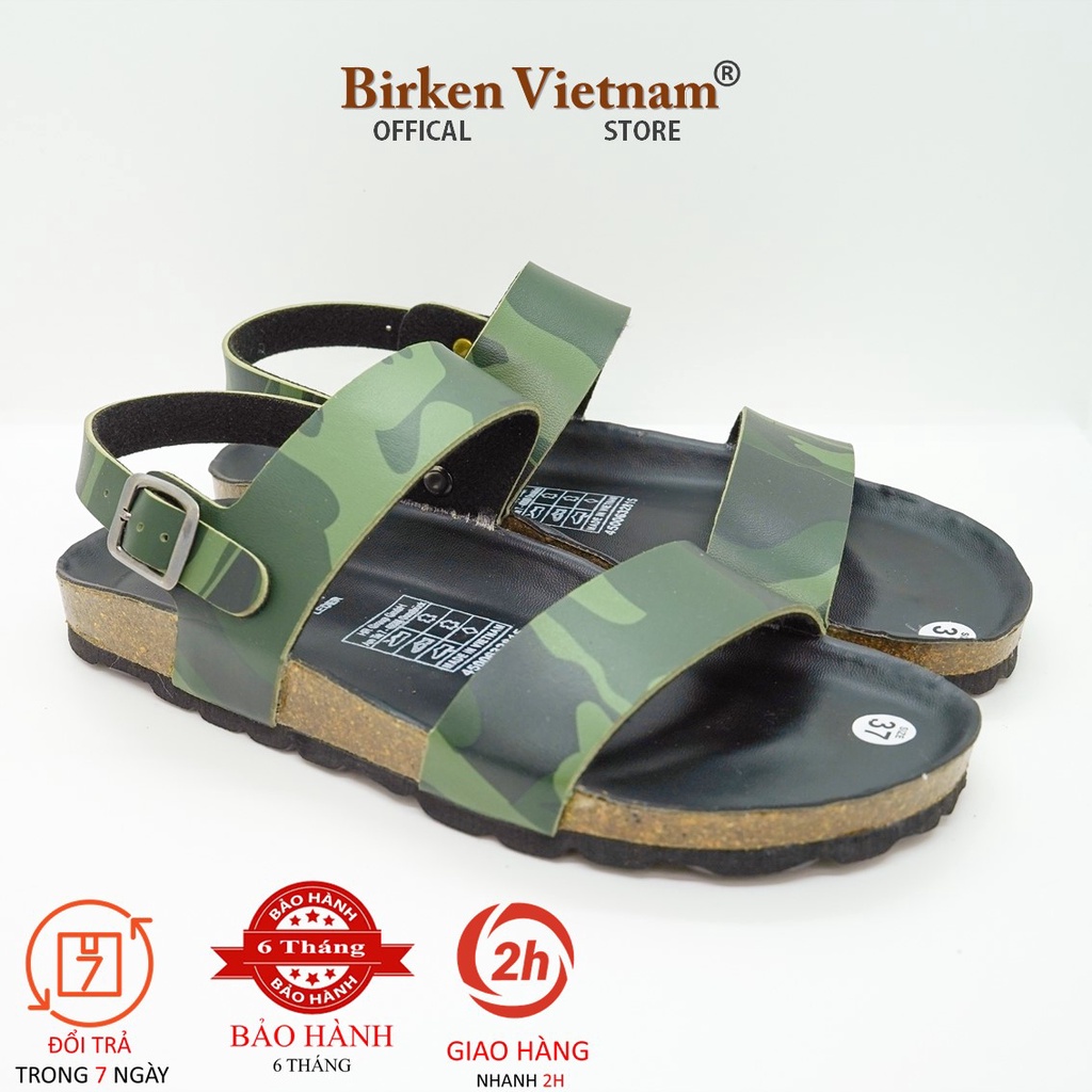 Mã R15 Sandal ĐẾ TRẤU Da PU Camo Rằn Ri Hai Quai Ngang Unisex Birken Vietnam Bioline