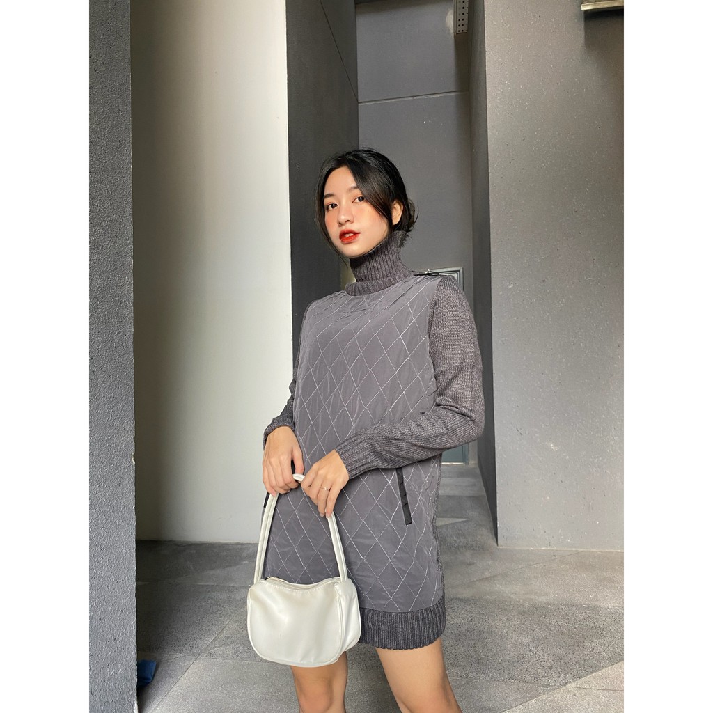Áo trần bông quả trám phối len cổ lọ nữ CAMLI thương hiệu Mindbridge, xuất dư Hàn Quốc, hai túi dáng dài
