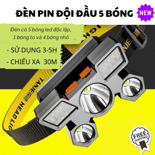 Đèn Pin Đội Đầu Đeo Trán 5 Bóng Led, Chống Nước Kèm Dây Sạc, ASAKI OFFICIAL
