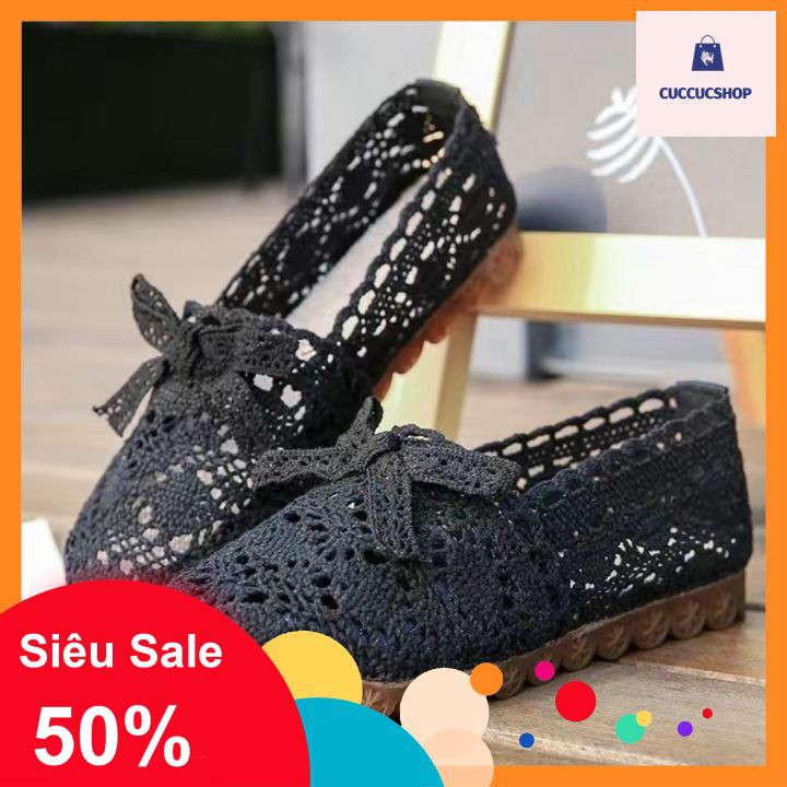 (Hàng sẵn) Giày búp bê ren lưới gắn nơ đế bằng | BigBuy360 - bigbuy360.vn