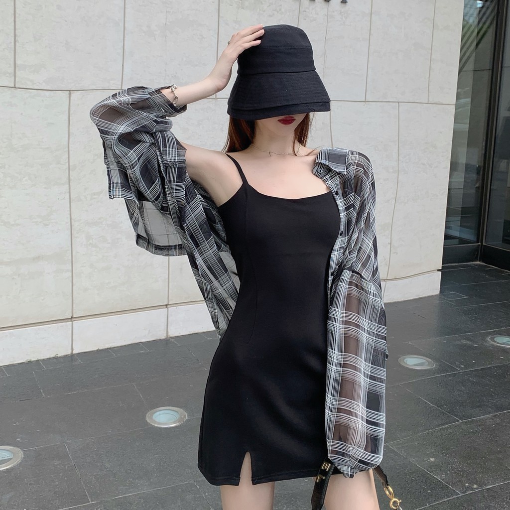 Set Áo Sơ Mi Ca Rô Dài Tay + Đầm Yếm Thời Trang Nữ | BigBuy360 - bigbuy360.vn
