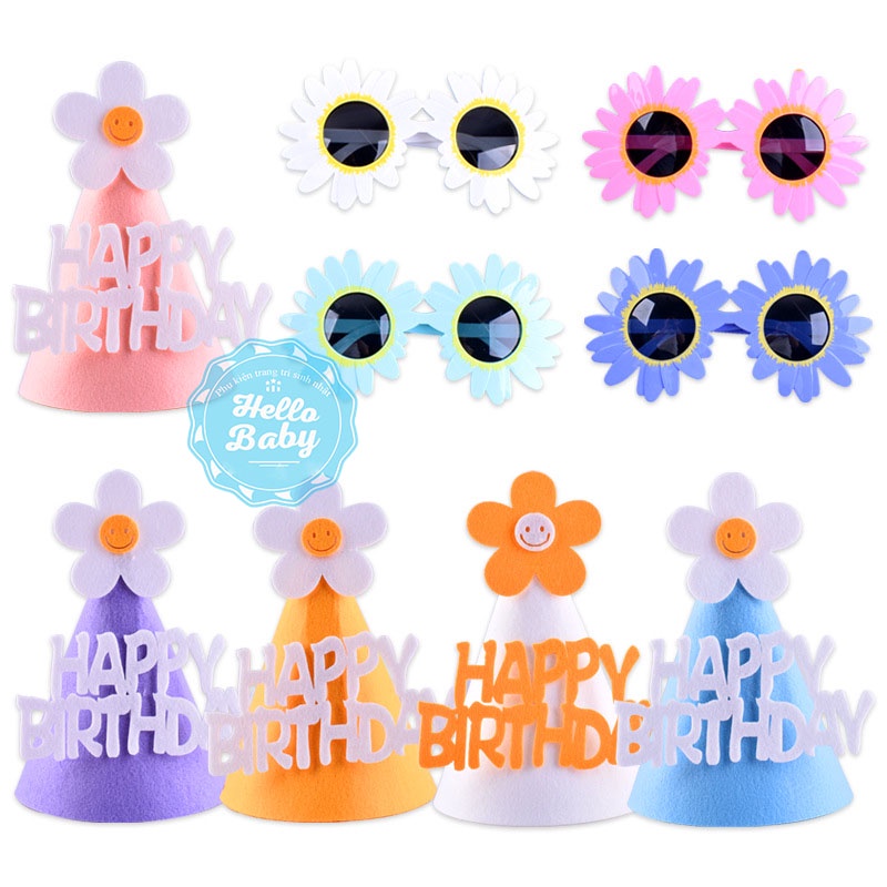 Mũ sinh nhật vải dạ 3D phong cách Hàn, mũ hoa cúc cho bé
