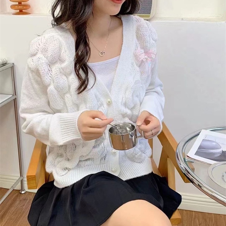 Áo dệt kim IELGY tay dài dáng rộng cổ chữ V phối thắt nơ xinh xắn cho nữ