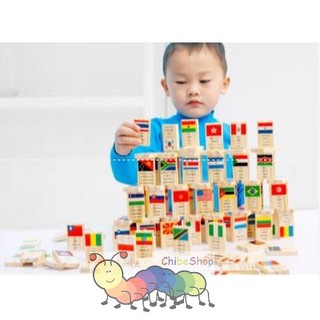 Domino gỗ 100 quân hình cờ các quốc gia - Dạy trẻ địa lý tìm hiểu các nước trên thế giới