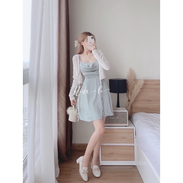 SET ĐẦM PHI XANH CỔ ĐỔ + ÁO KHOÁC REN TRẮNG