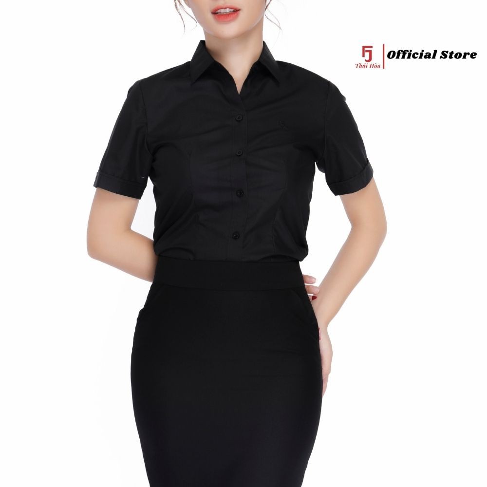 Áo sơ mi nữ công sở ngắn tay Thái Hoà, vải sợ tre, kiểu dáng basic chiết eo N8919 | BigBuy360 - bigbuy360.vn