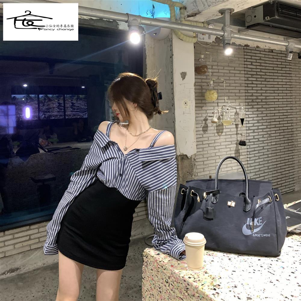 One Đầm Sơ Mi Nữ Tay Dài Kẻ Sọc Giả Hai Lớp Thời Trang