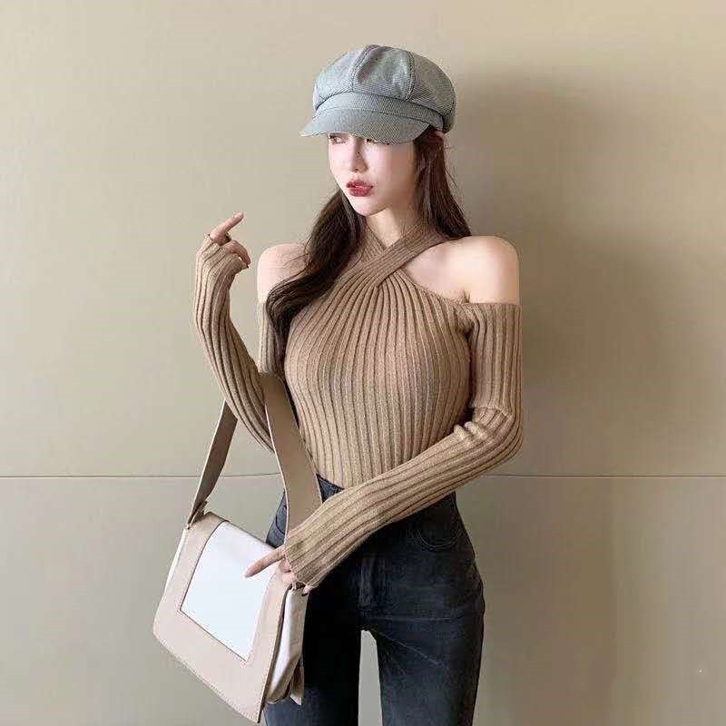 Korean women's clothing all-match sexy cross hanging neck strapless inner knit sweater