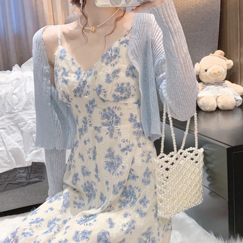 (ORDER) Set váy hai dây voan màu hoa xanh suông dài gợi cảm vintage+ Áo cardigan dài tay mỏng mùa thu (có ảnh thật)