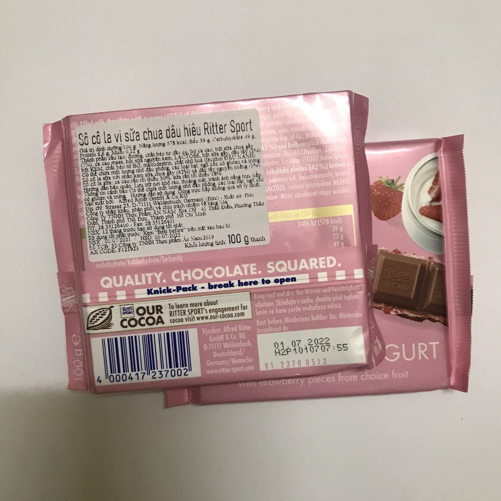 Socola Ritter Sport Nhân Sữa Chua Dâu Thanh 100g