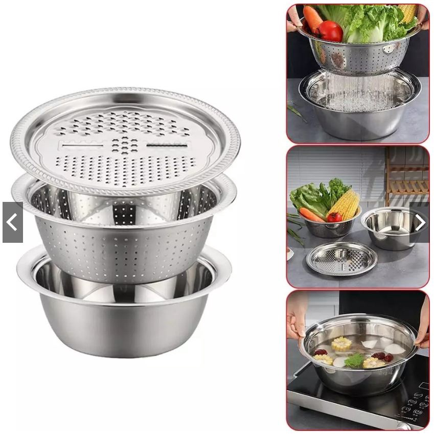 Bộ Thau Rổ inox 3 món bào rau củ đa năng tiện lợi ( BỘ THAO RỖ 3 MÓN )