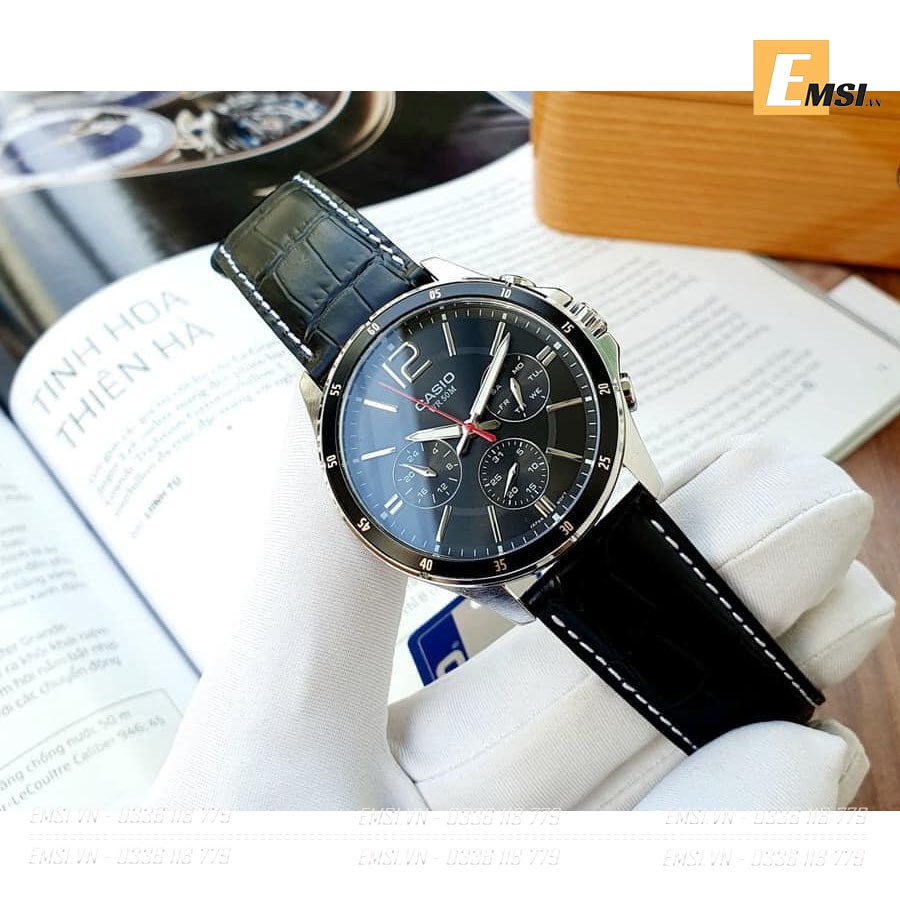Đồng hồ nam CCasio MTP-1374L-1AVDF 6 Kim - Dây da màu đen - Size 43mm