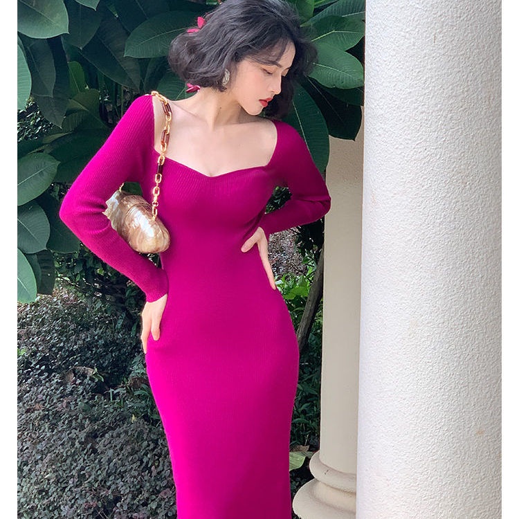 Đầm Dệt Kim Cổ Vuông Nhấn Eo Phong Cách Retro Pháp Thời Trang Mùa Thu Cho Nữ