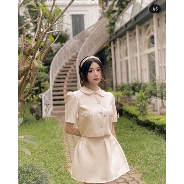 SET ÁO CROP CỔ SEN TAY BỒNG + CHÂN VÁY